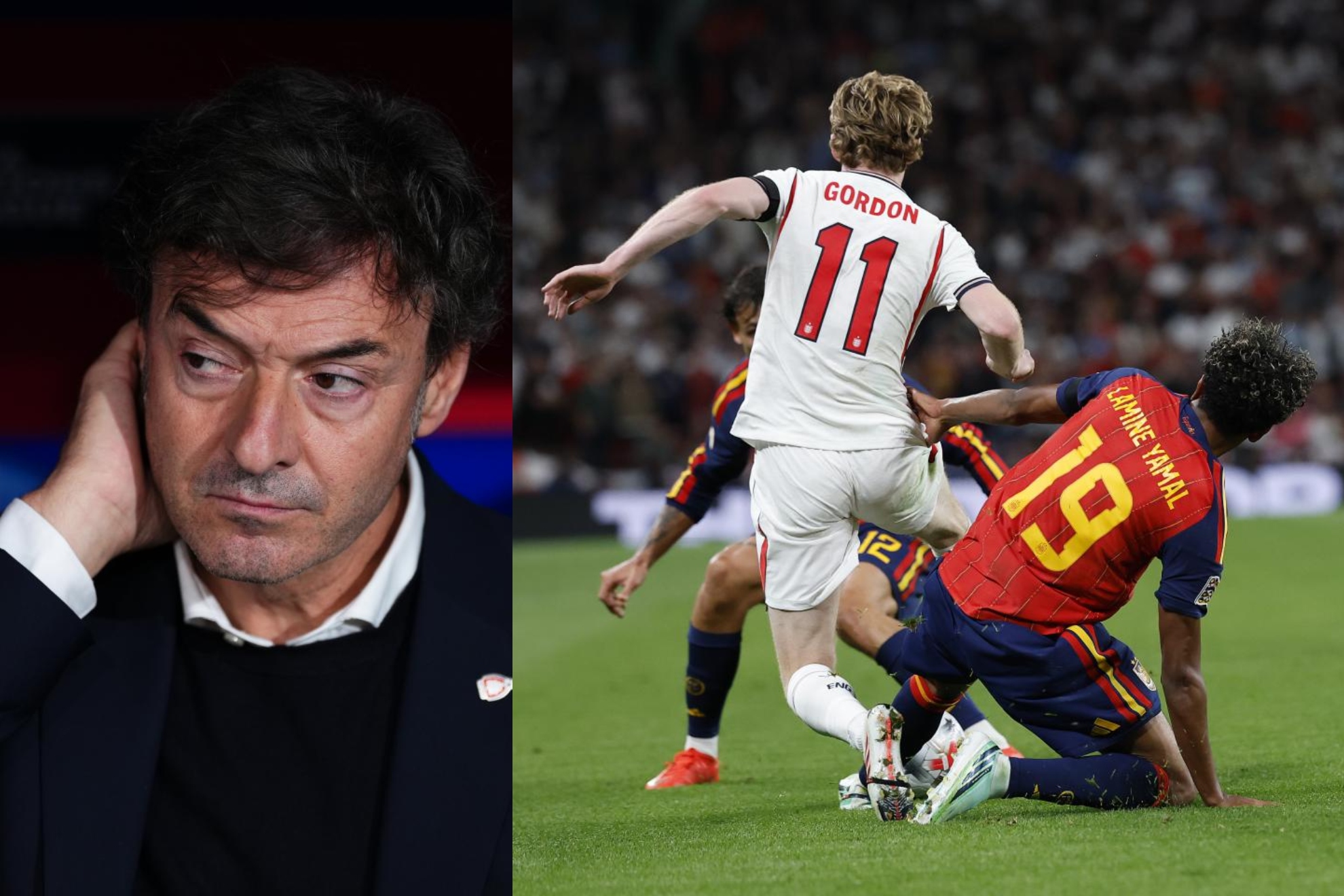 Santi Denia, a la izquierda, y Lamine y Gordon, a la derecha. LA PRESSE