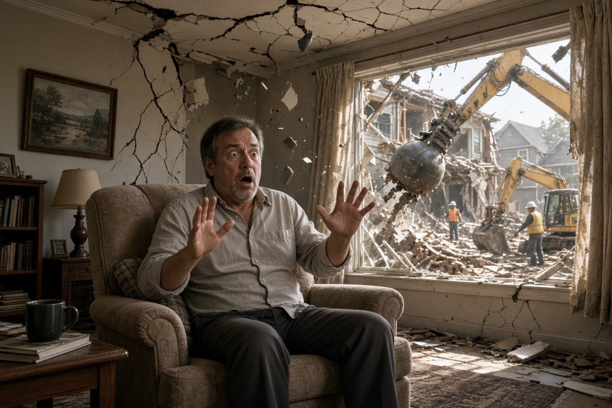 Un hombre en su casa mientras la intentan demoler. Creada con IA.