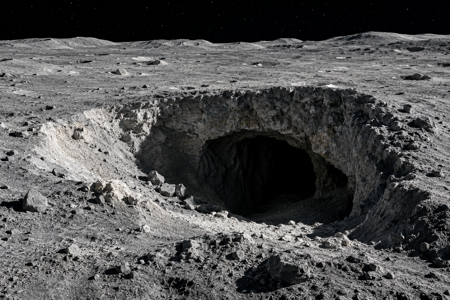 Un cráter lunar con entrada cavernosa. IA
