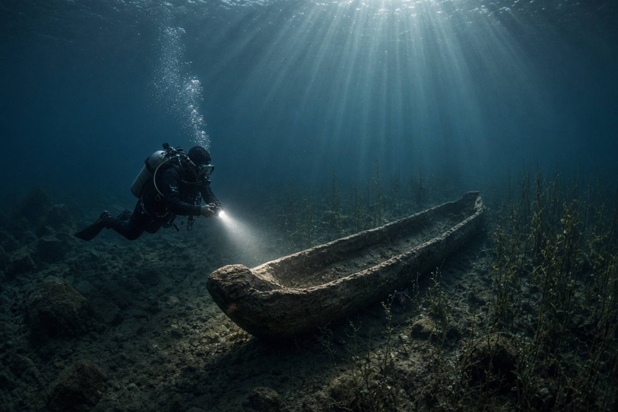 Buzo encontrando una canoa. Creada con IA