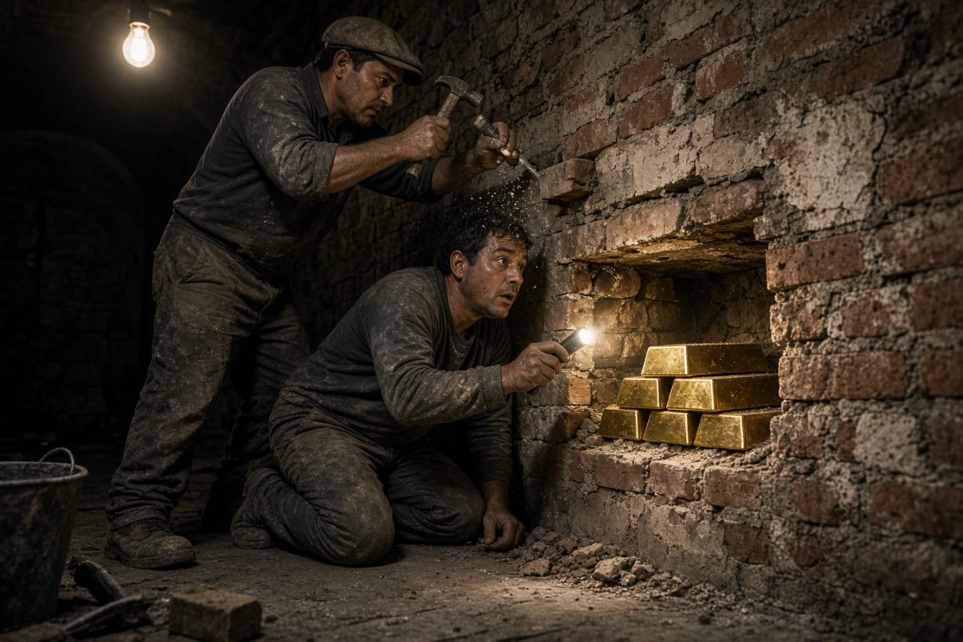 Albañiles encontrando lingotes de oro. Creada con IA