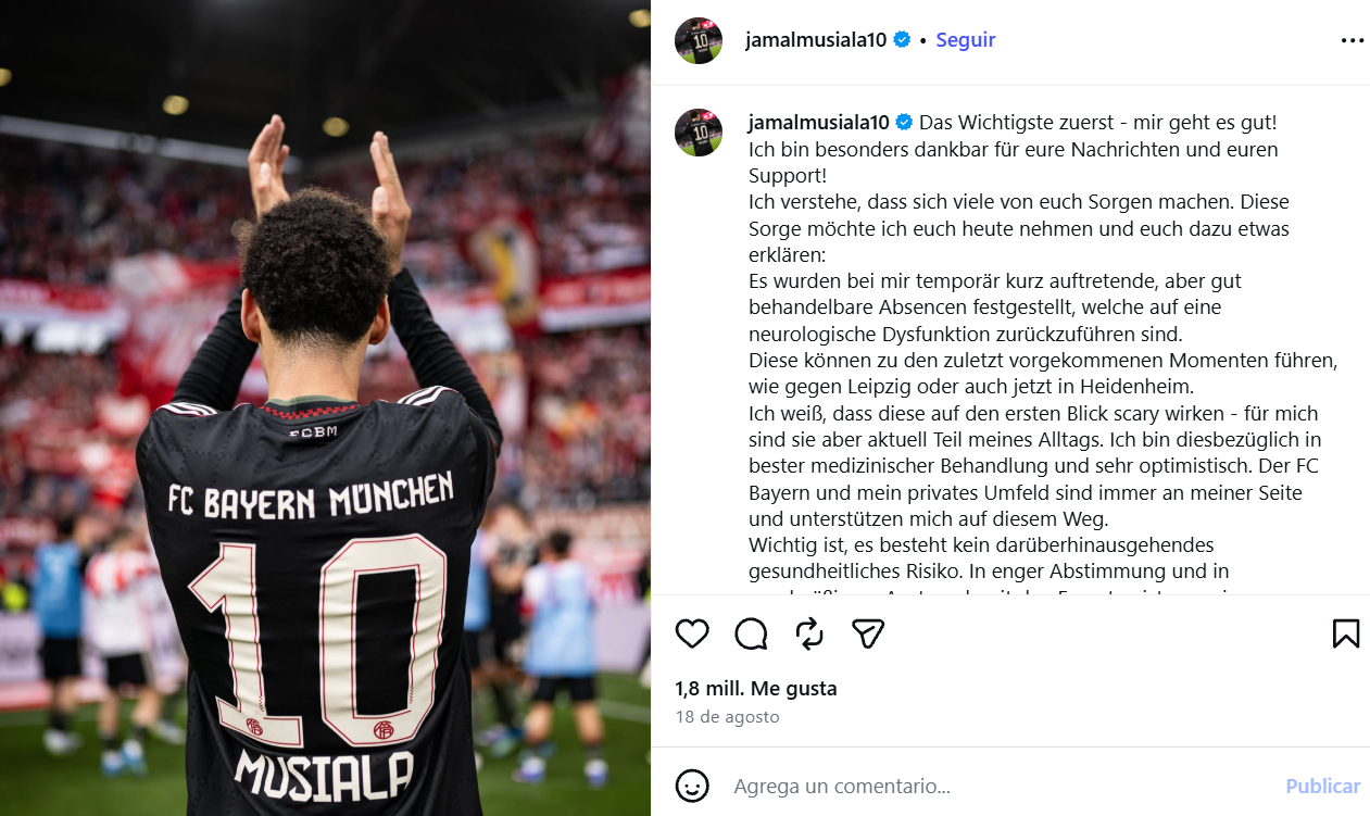 El 'post' de Jamal Musiala.