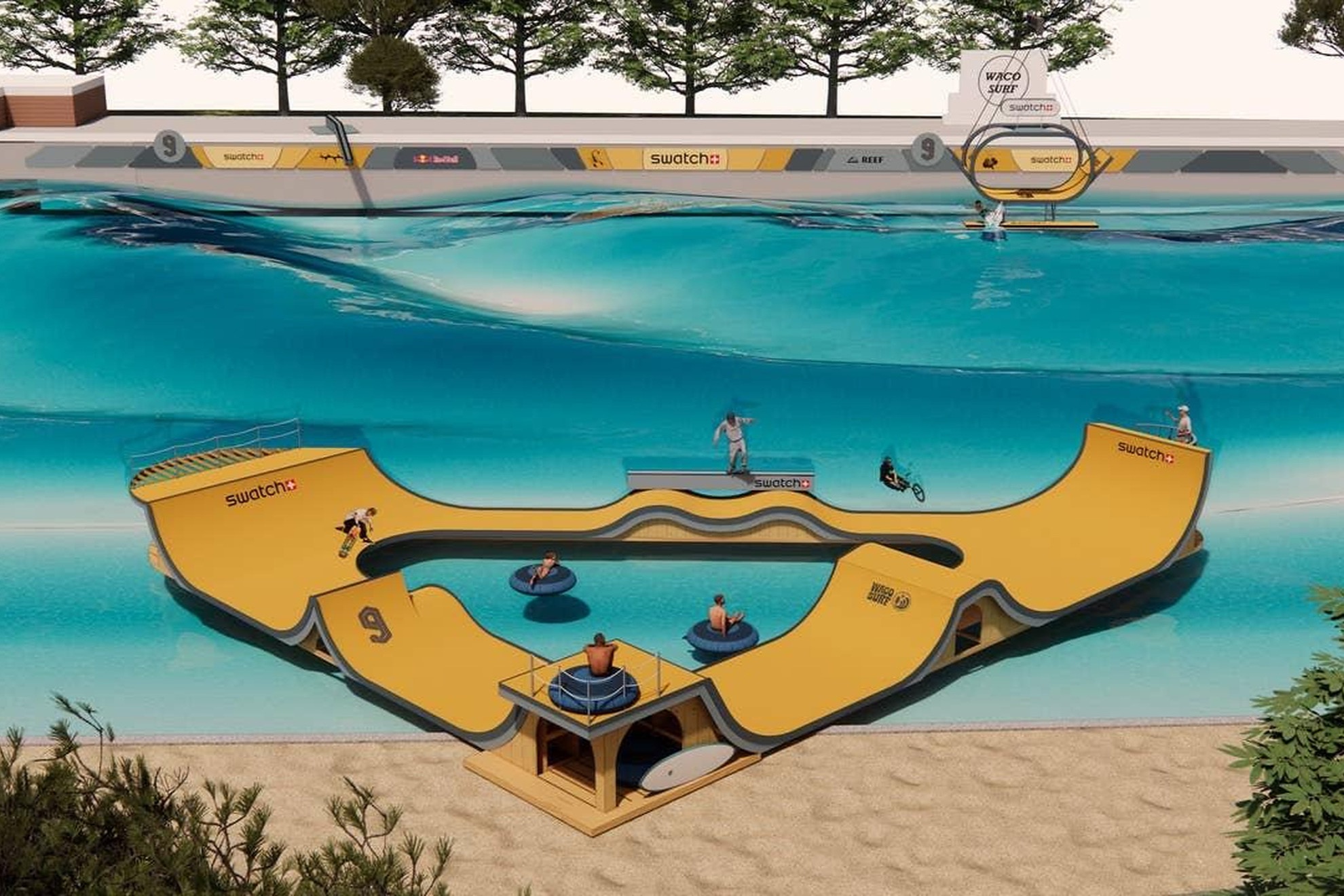 Render del circuito del Swatch Nines 2026 combina BMX, skate y surf en Waco, Texas. Zenga Bros.