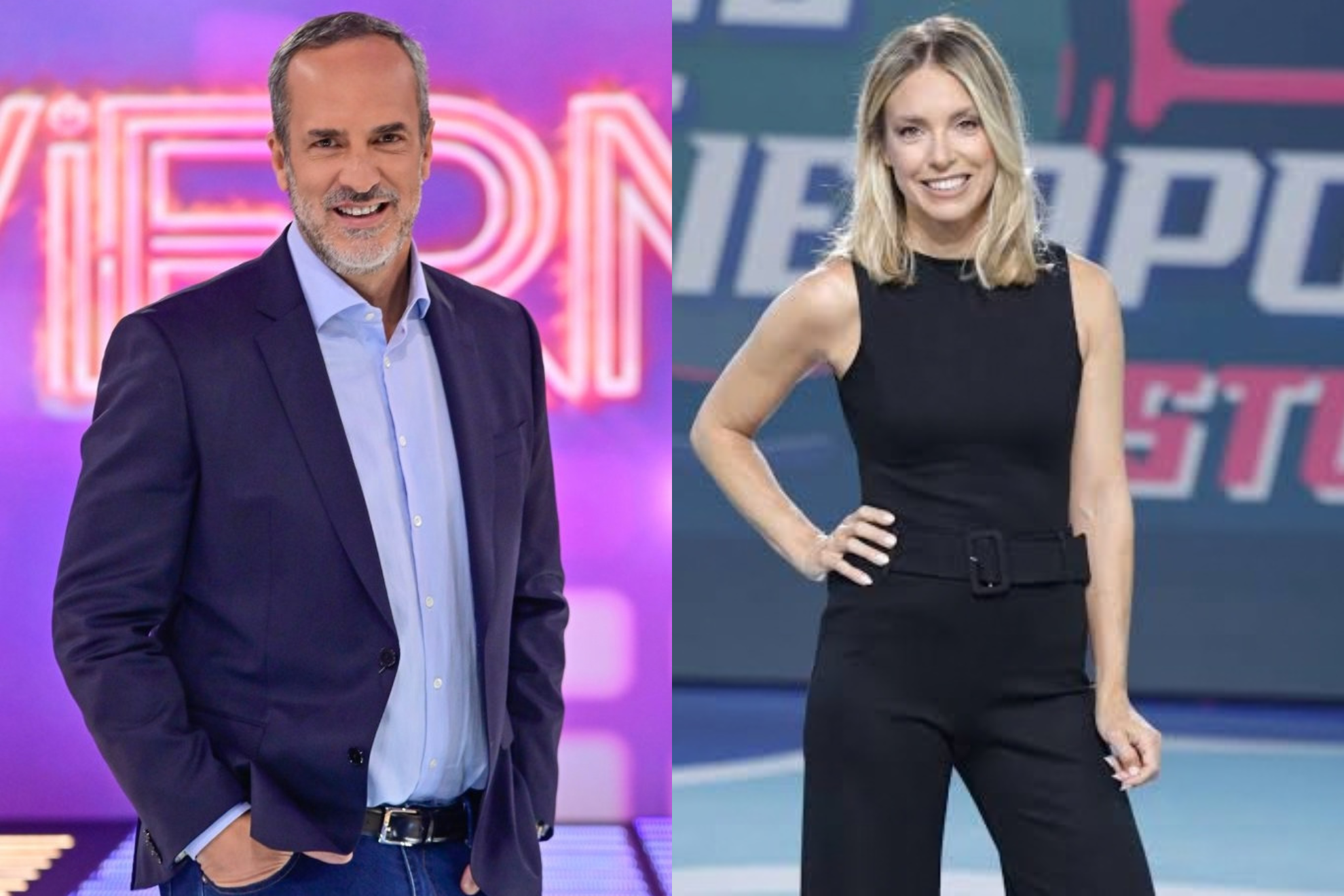 Santi Acosta y Maria Ruiz en sus respectivos programas de Mediaset.