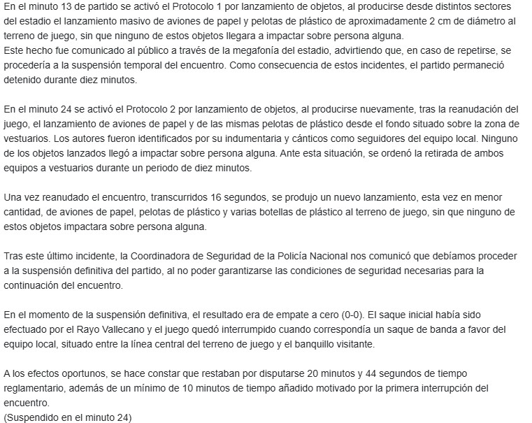 Acta del encuentro entre Rayo y Athletic