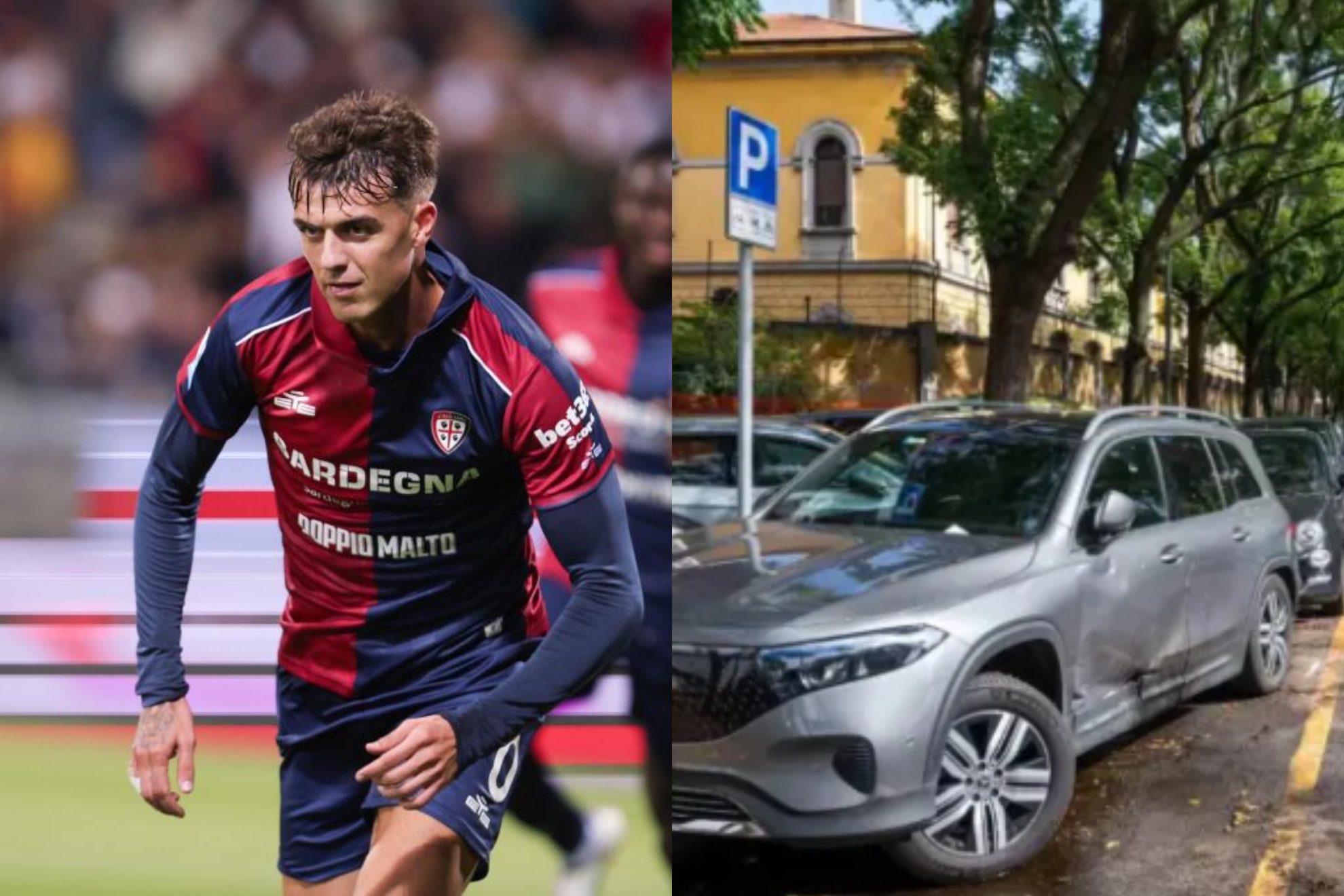 A la izquierda, Daniel Maldini celebra su gol a la Juve. A la derecha, el coche tras el accidente. EFE