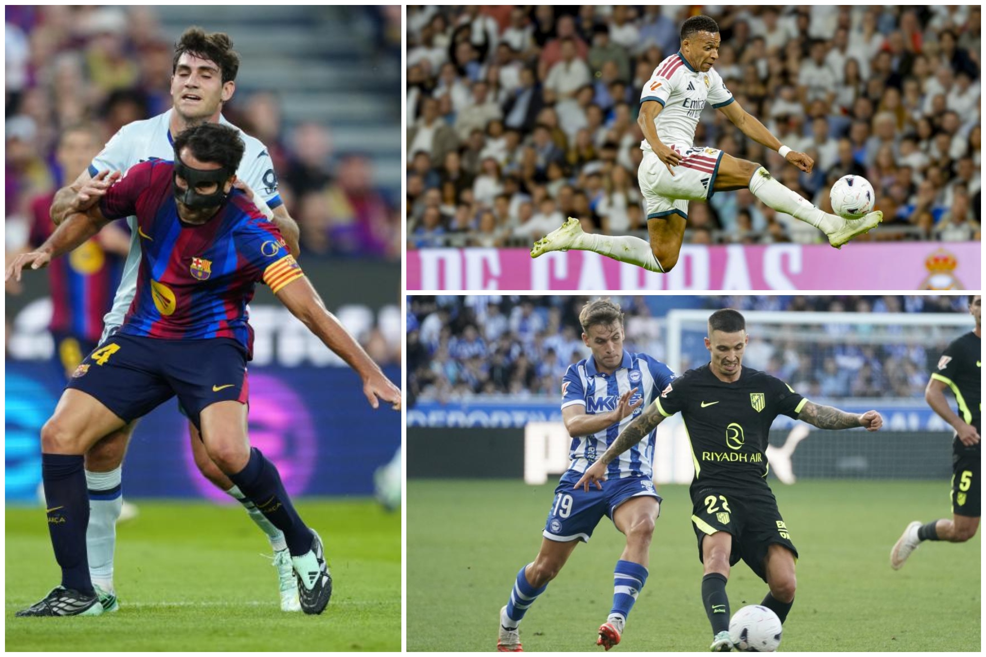Un montaje con imágenes de Eric García, Mbappé y Grimaldo.