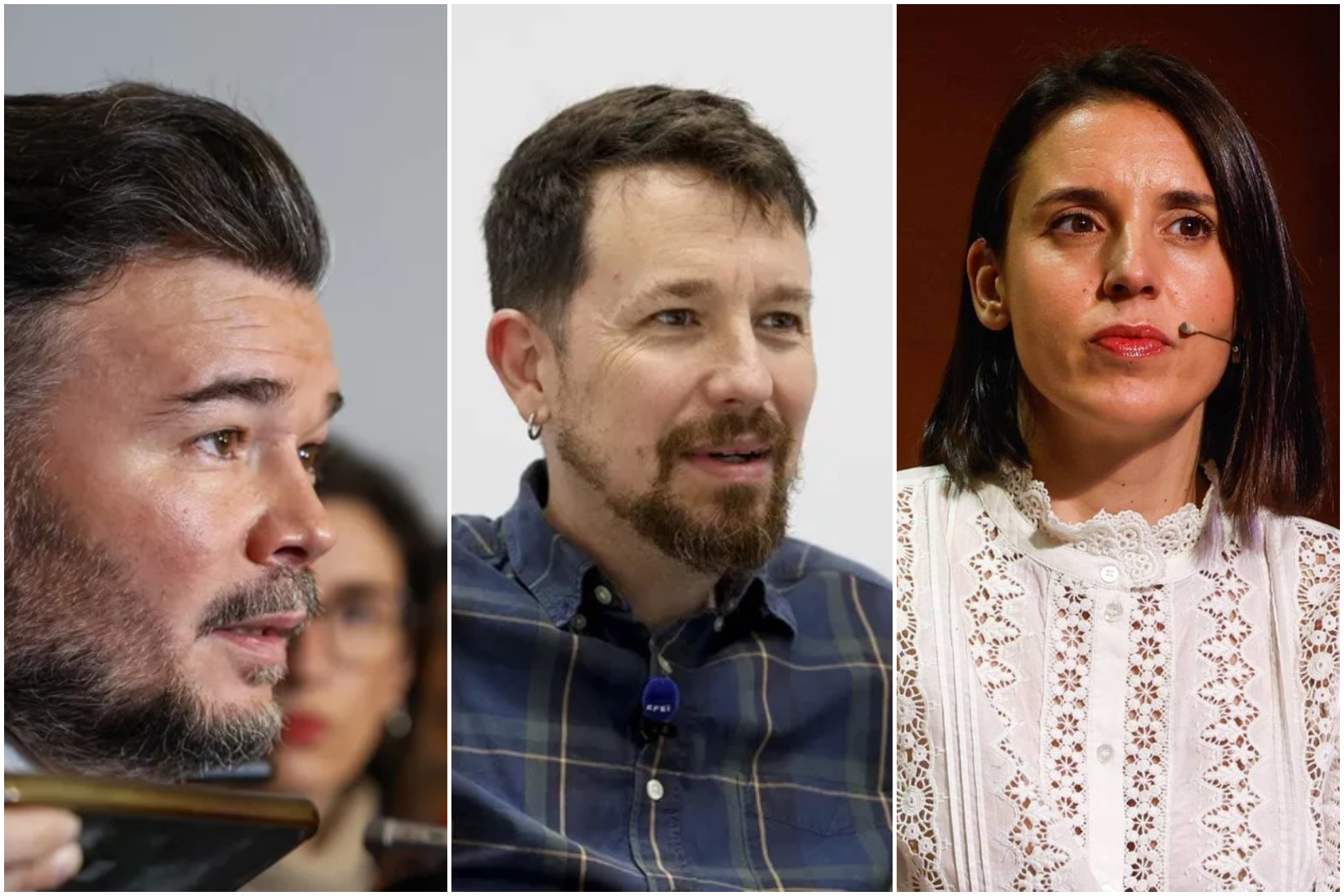 Gabriel Rufián, Pablo Iglesias e Irene Montero.