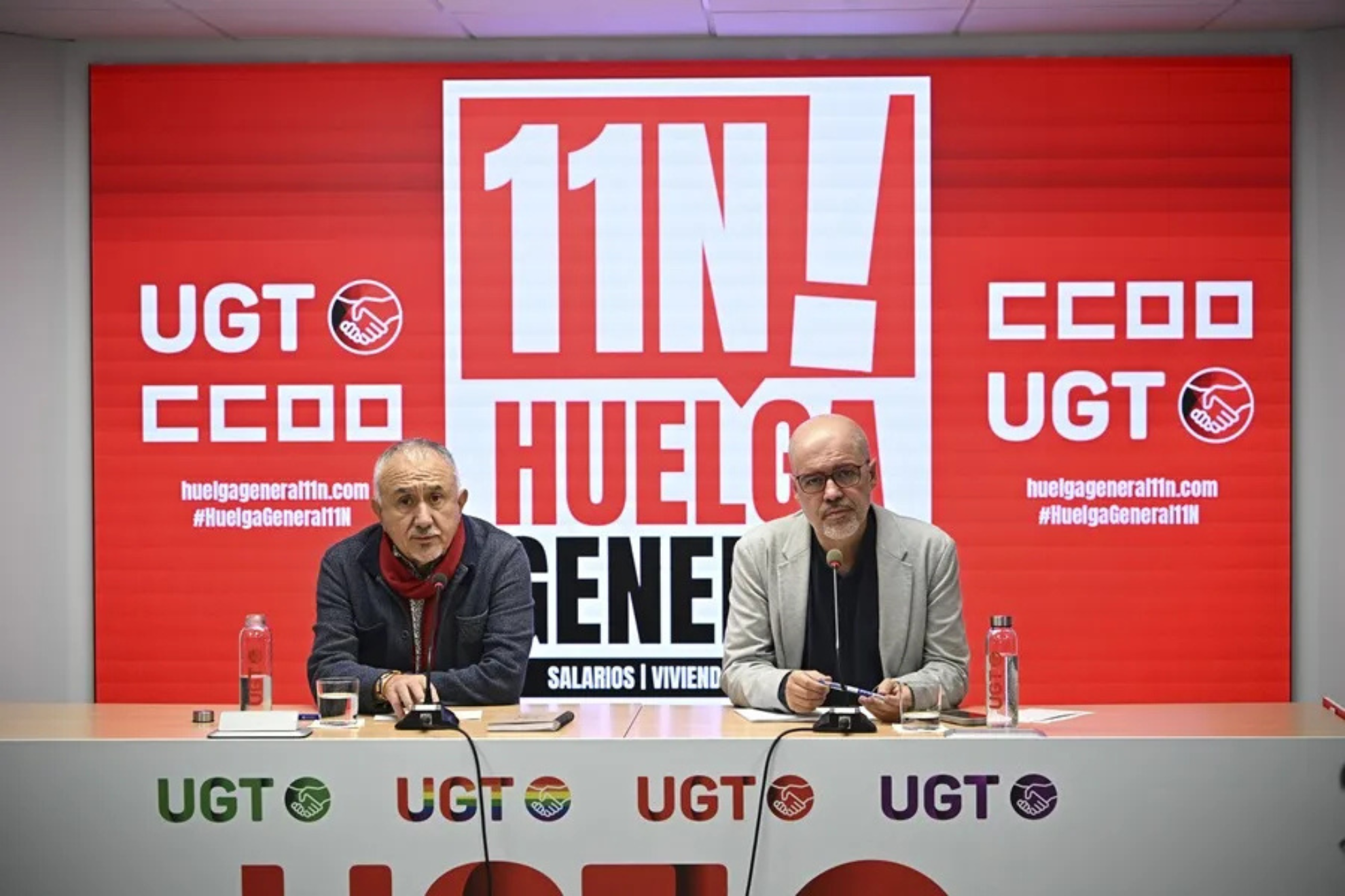 Los secretarios generales de UGT y CCOO, Pepe Álvarez y Unai Sordo, esta mañana en la rueda de prensa conjunta EFE
