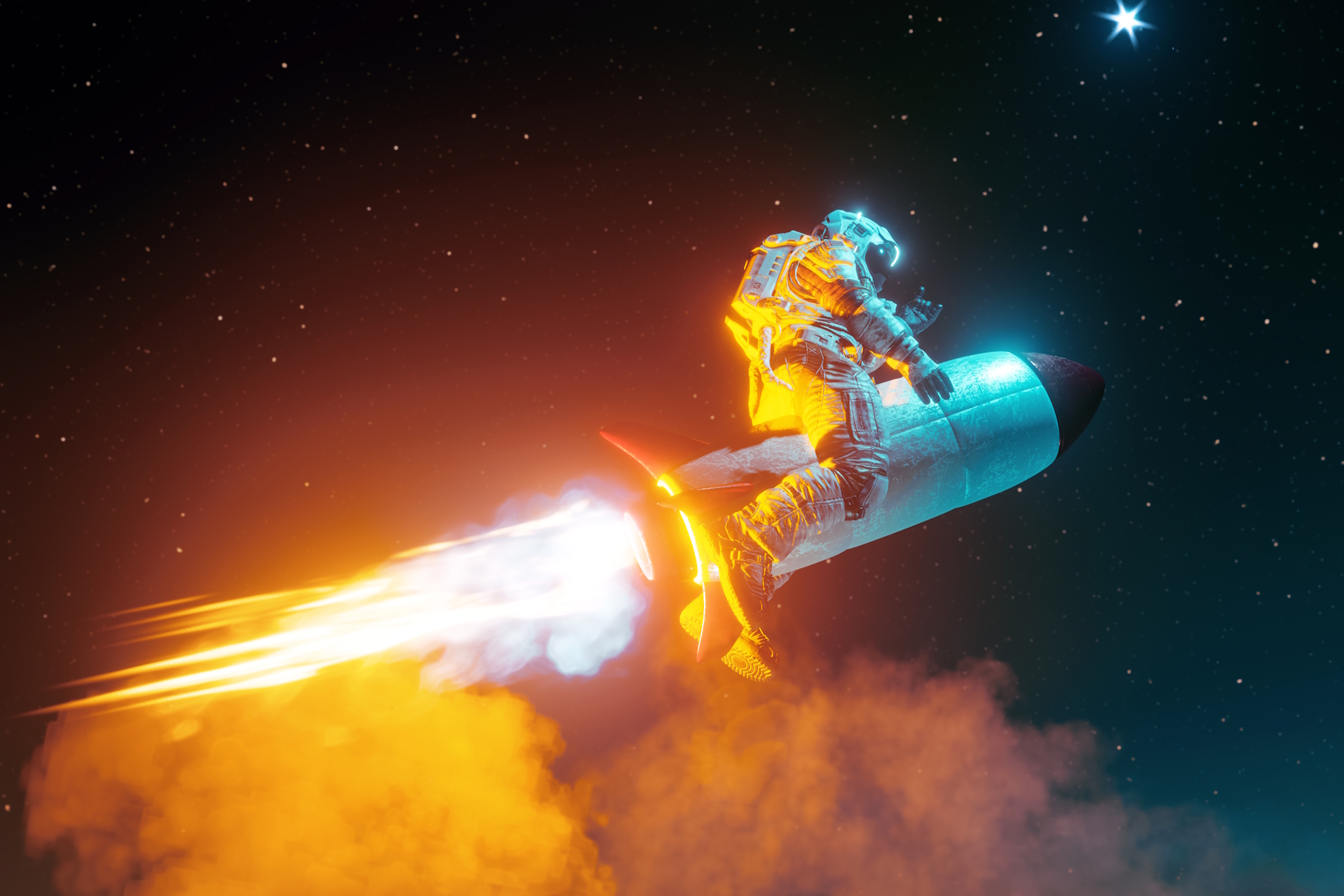 Ilustración de un astronauta viajando sobre un cohete. Getty Images
