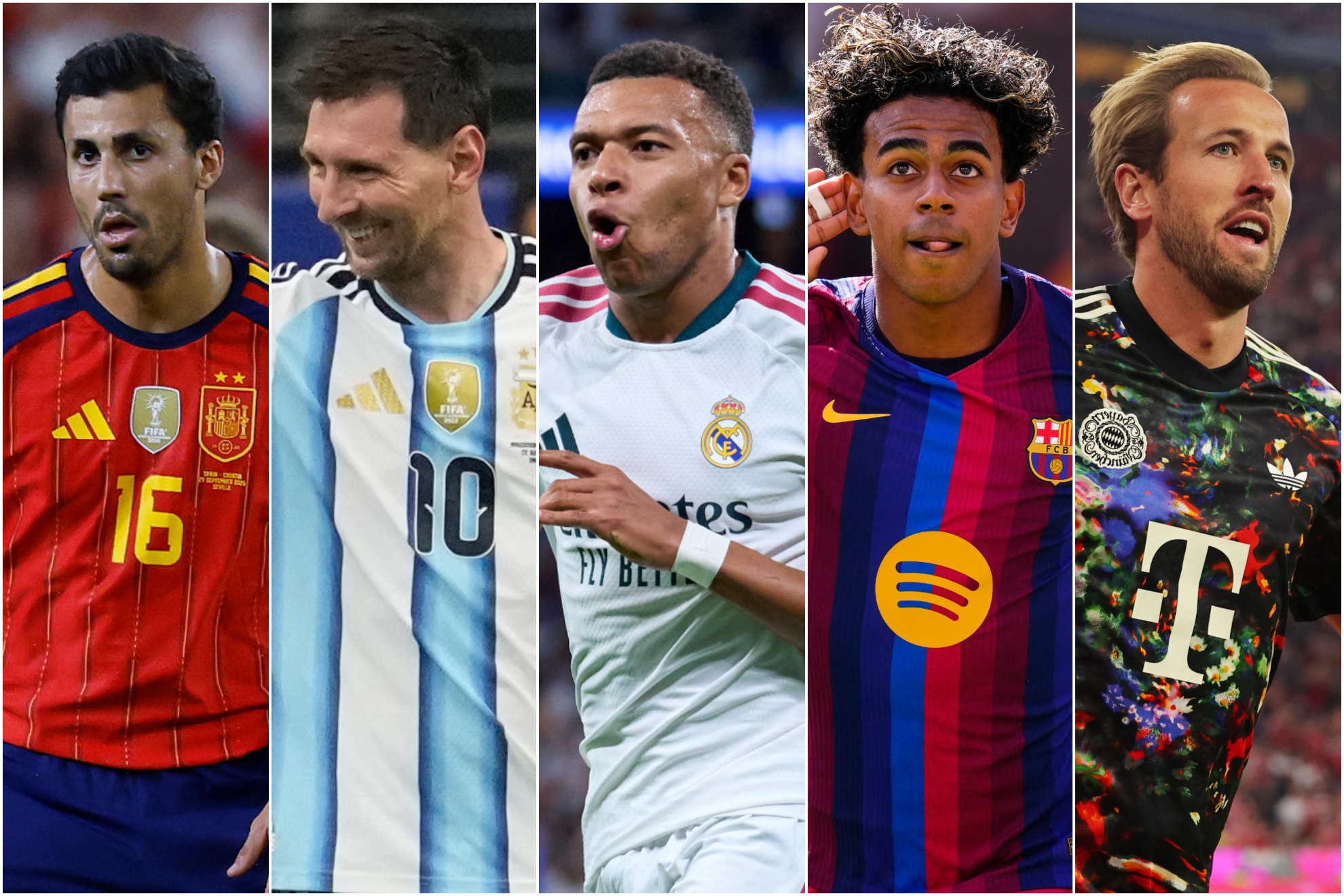 En el montaje, Rodri, Messi, Mbappé, Lamine Yamal y Kane. AGENCIAS.
