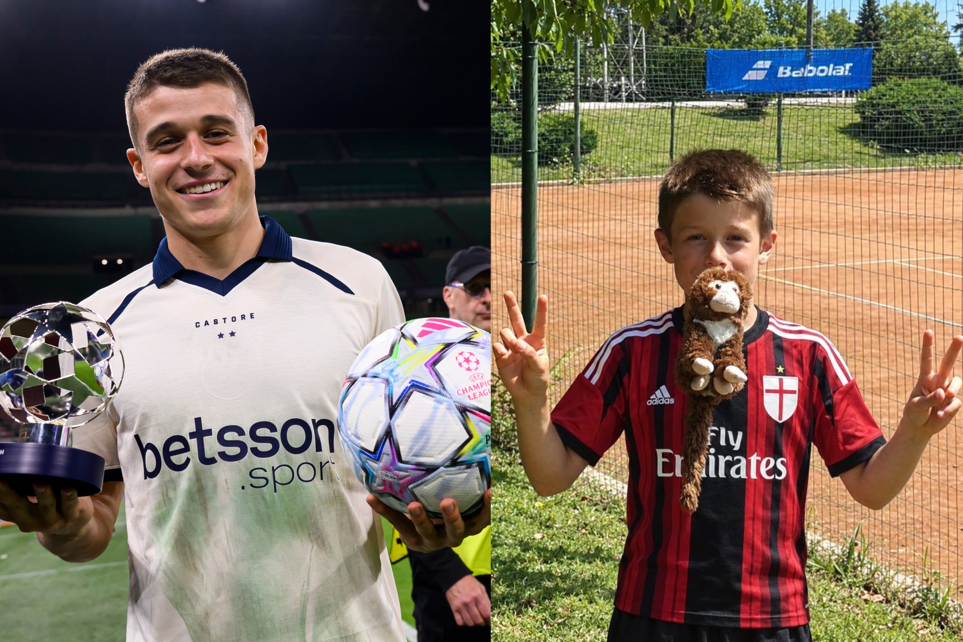 A la izquierda, Tresoldi, con el balón y el 'MVP' del partido. A la derecha, de niño, con la camiseta del Milan. GETTY IMAGES e INSTAGRAM