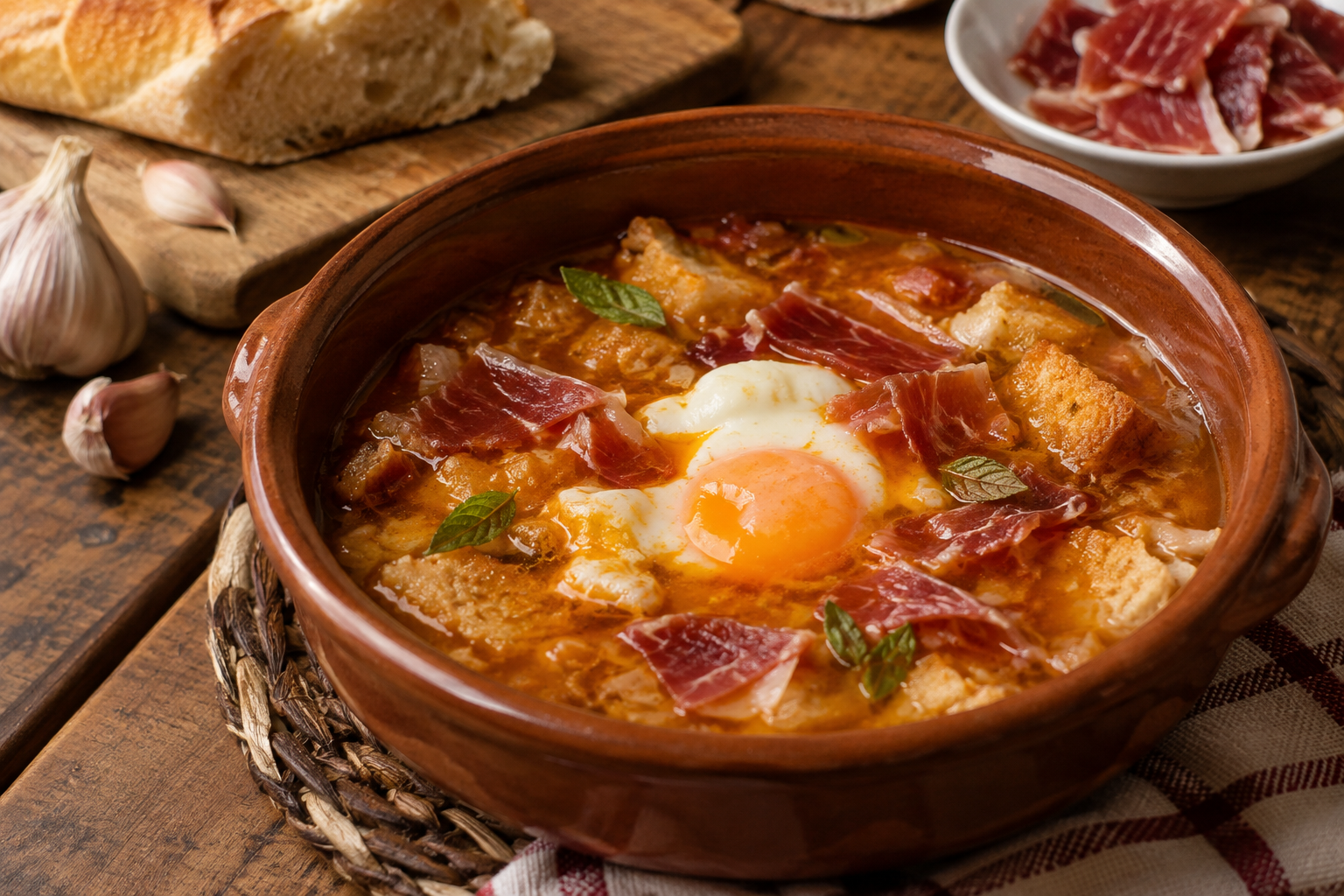 Sopa castellana con huevo y jamón Imagen creada por IA