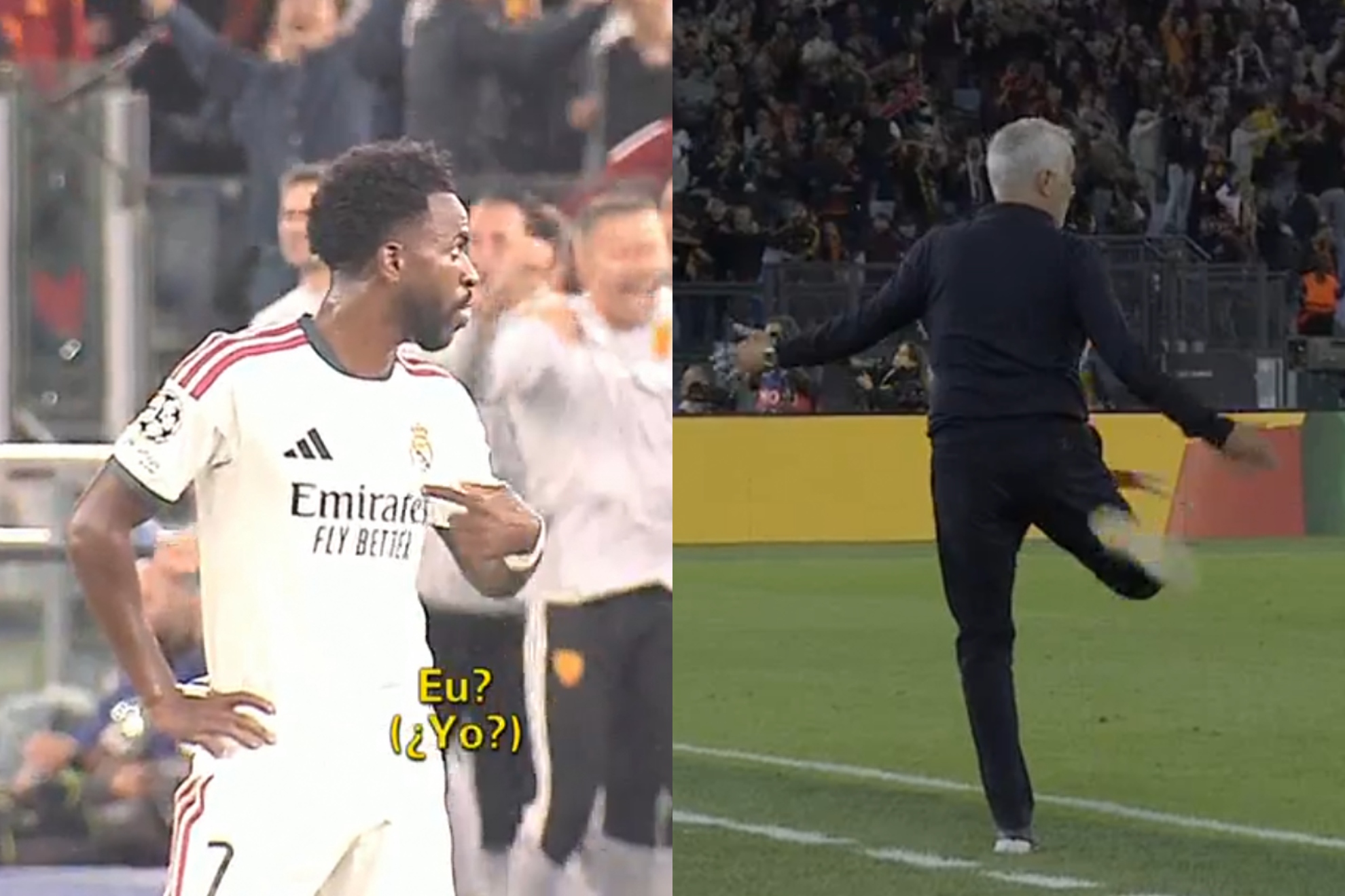 Vinicius en su cambio y el gesto de Mou. MOVISTAR