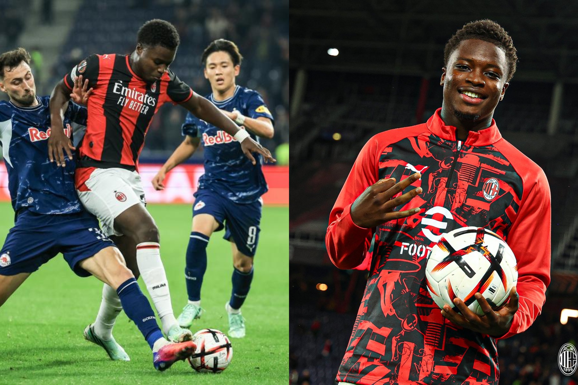 Alphadjo Cisse. A la izquierda, contra el Salzburgo. A la derecha, con el balón del 'hat-trick'. EFE e INSTAGRAM