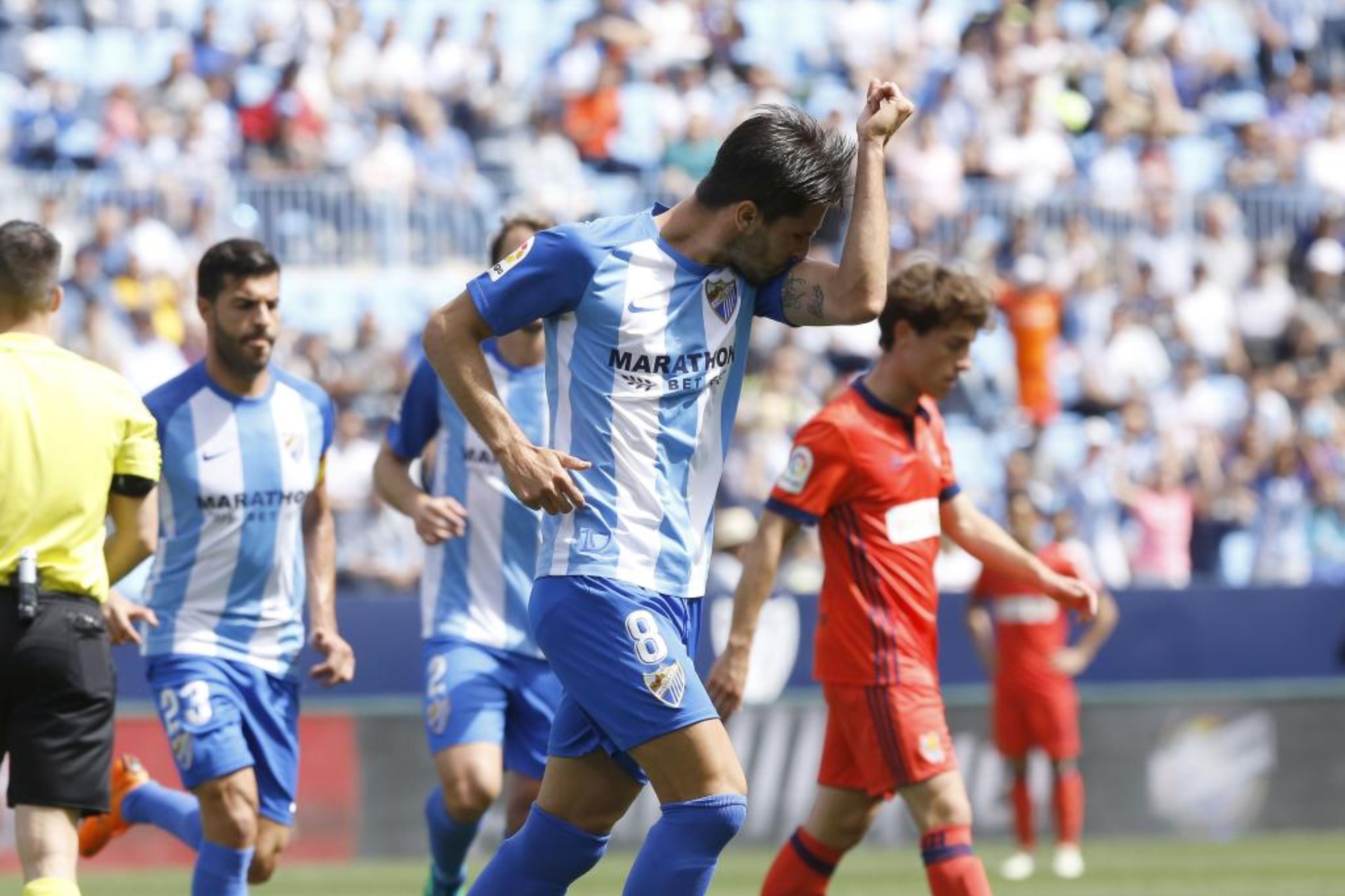 Adrián celebra un gol en el duelo ante la Real de abril de 2018.