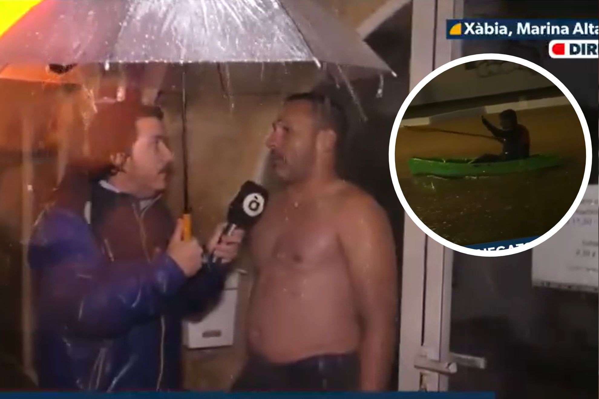 Un reportero entrevistaba a un vecino en Jávea por la DANA Ádam cuando apareció un hombre en kayak por la calle inundada