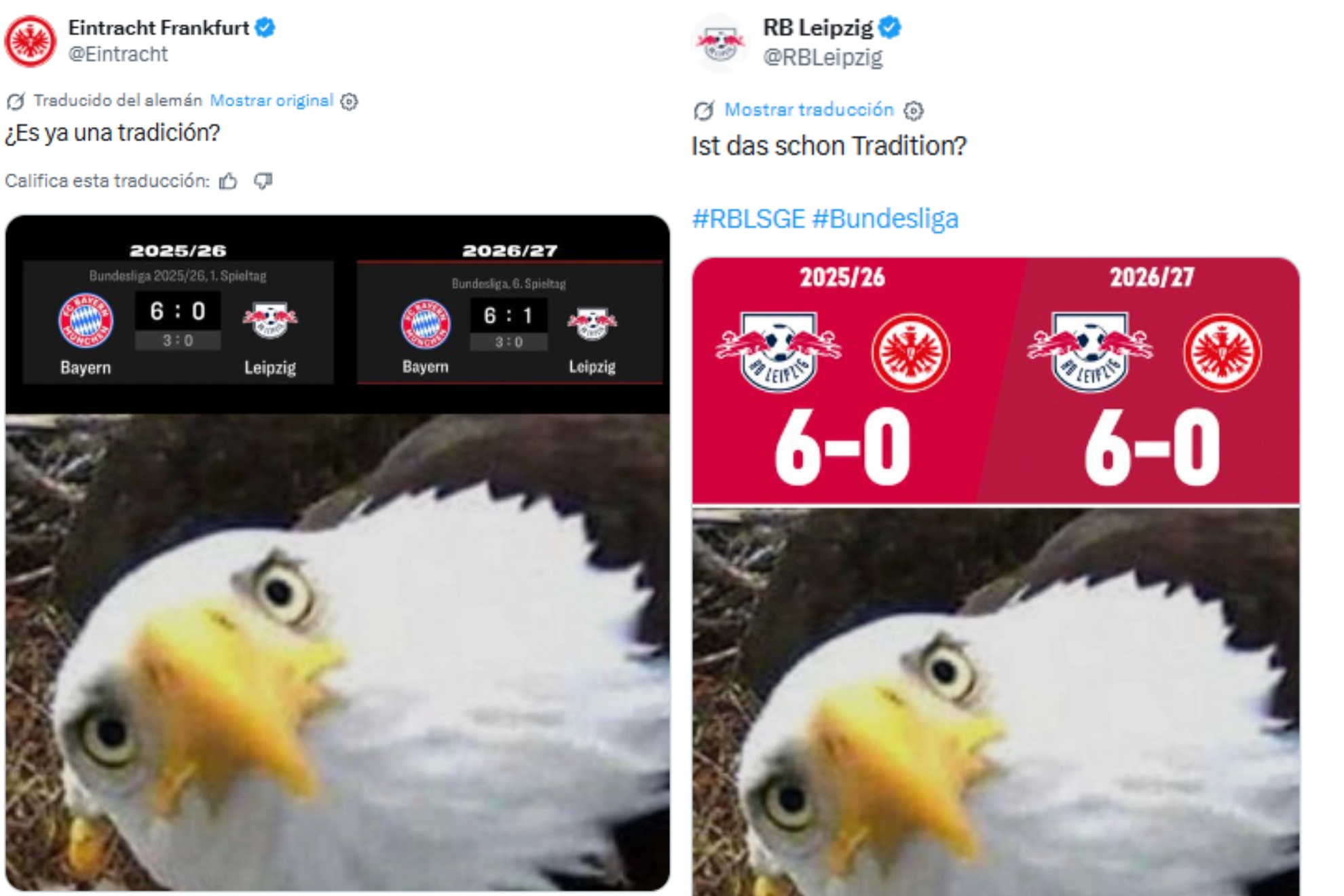 Los 'tuits' con los respectivos 'troleos' de Eintracht y Leipzig. X / TWITTER