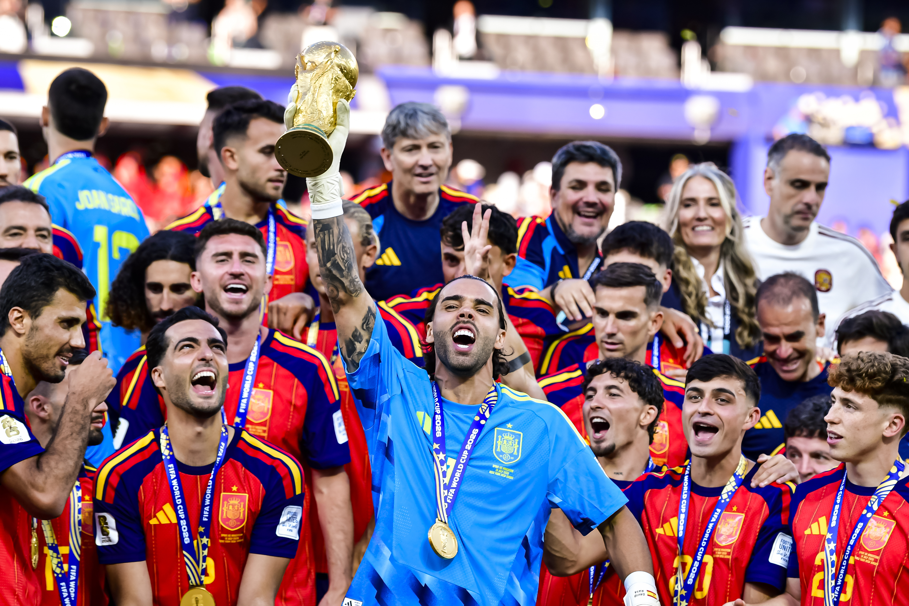 EAST RUTHERFORD, NEW JERSEY - JULY 19: David Raya of Spain lifts the FIFA World Cup