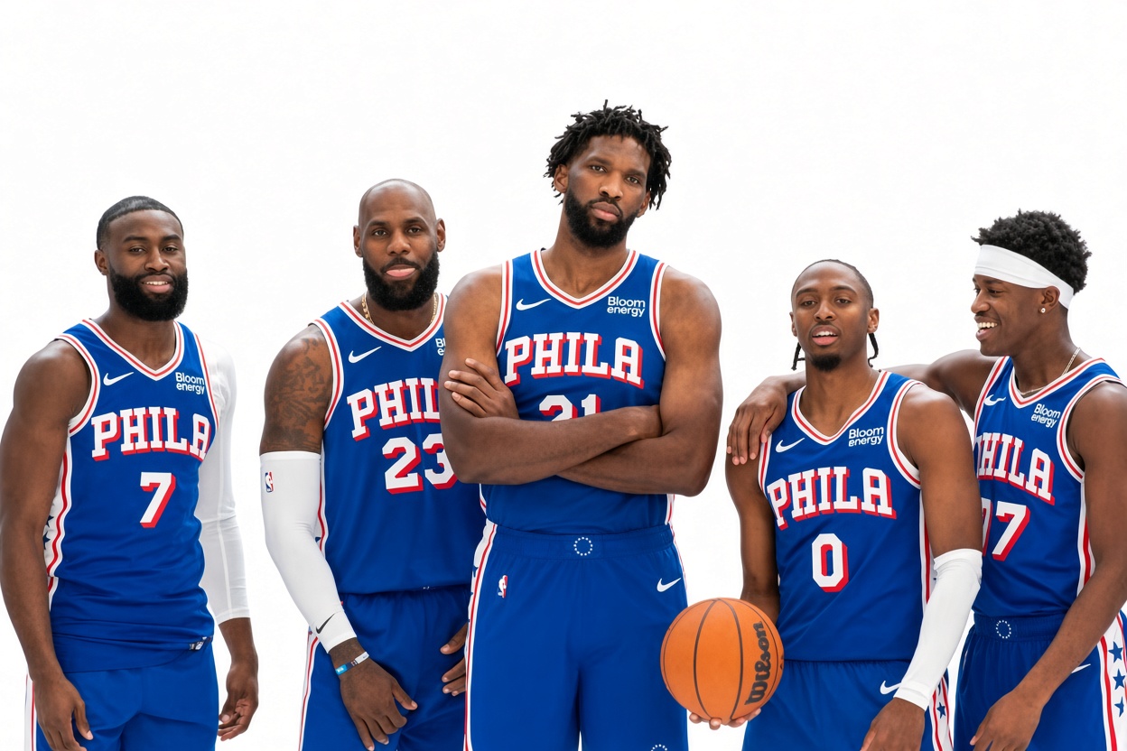 Jaylen Brown, LeBron James, Joel Embiid, Tyrese Maxey y V.J. Edgecombe.