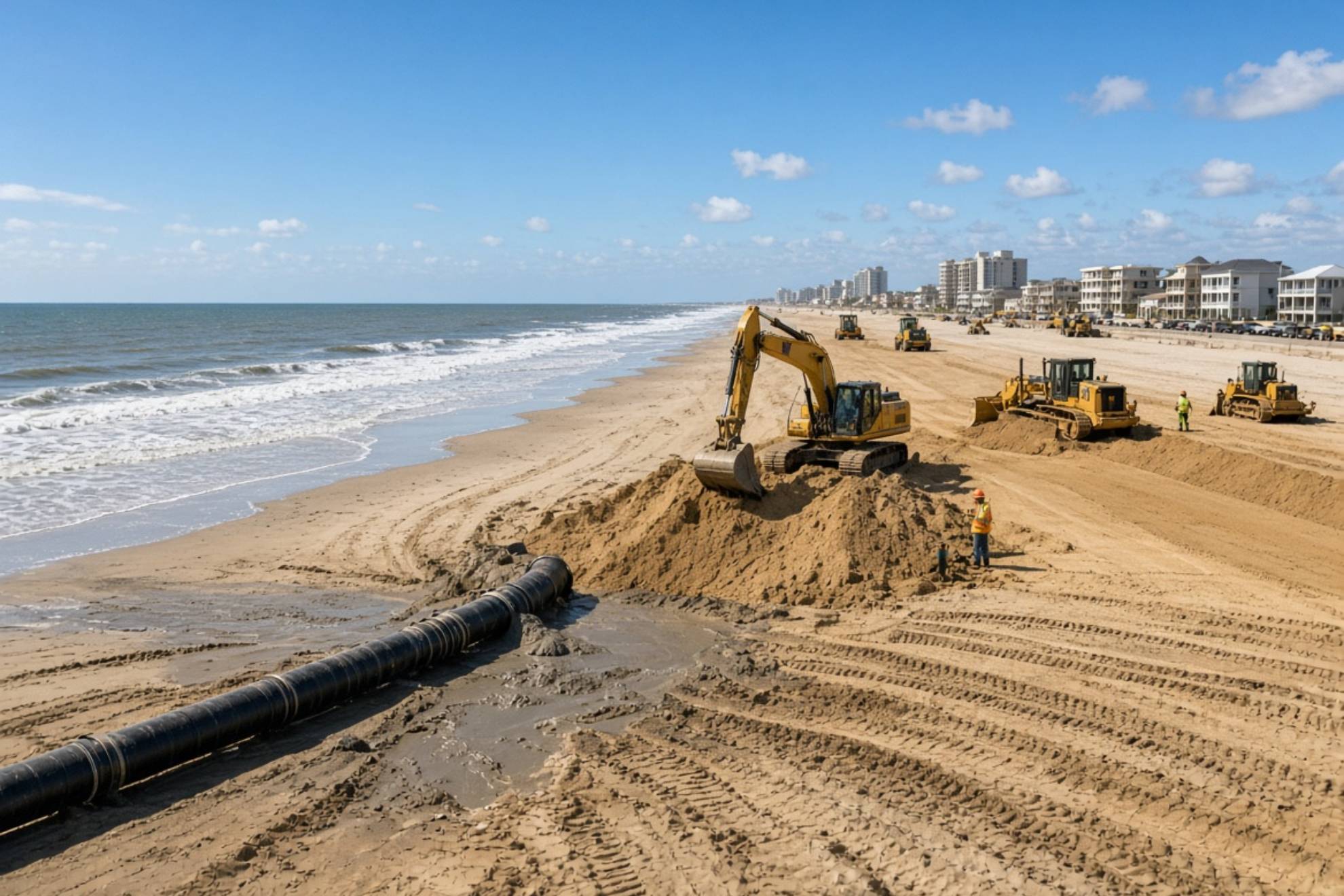 Operarios trabajan en la arena frente al mar. Creada con IA.