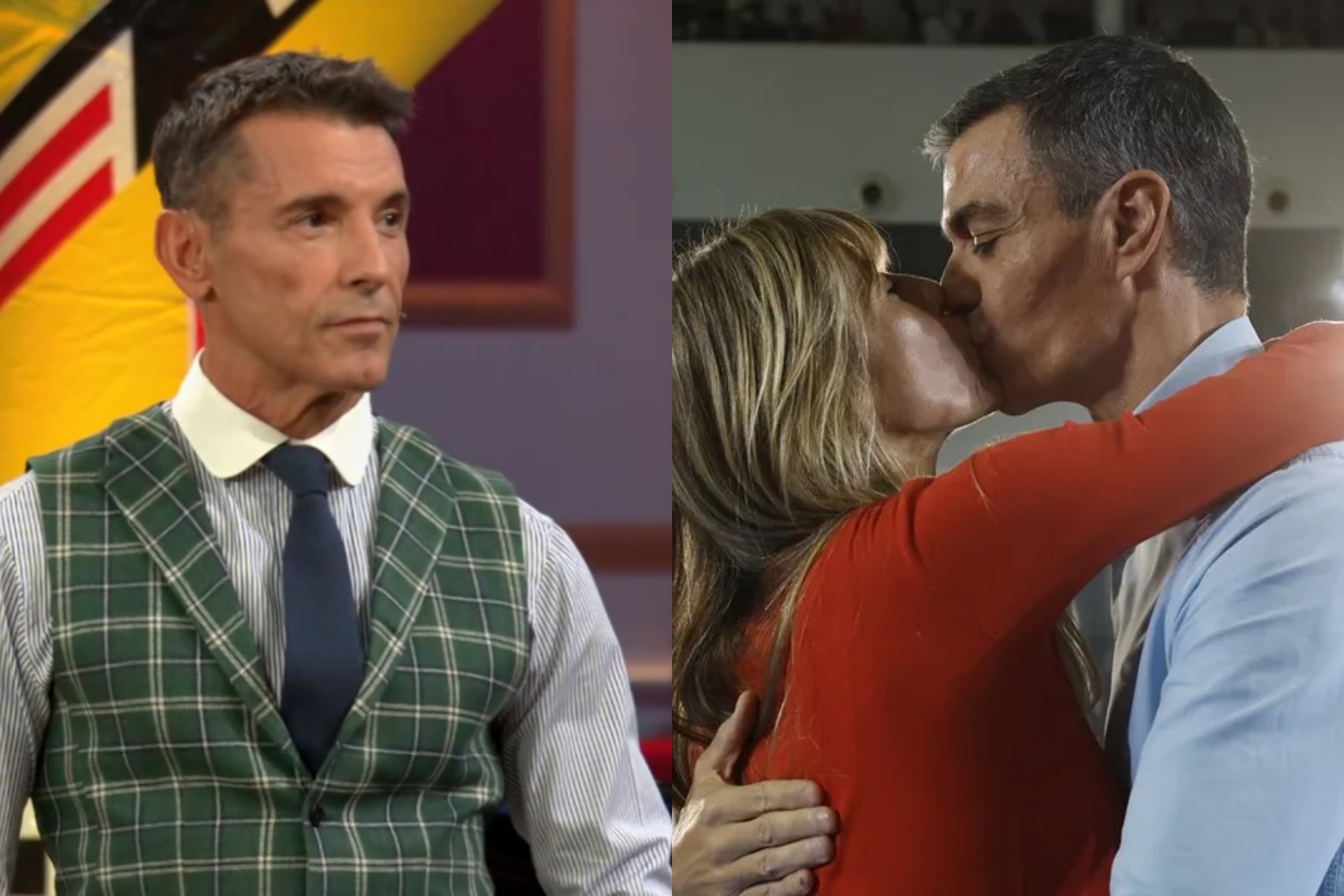 Jesús Vázquez y Pedro Sánchez besándose con Begoña Gómez.