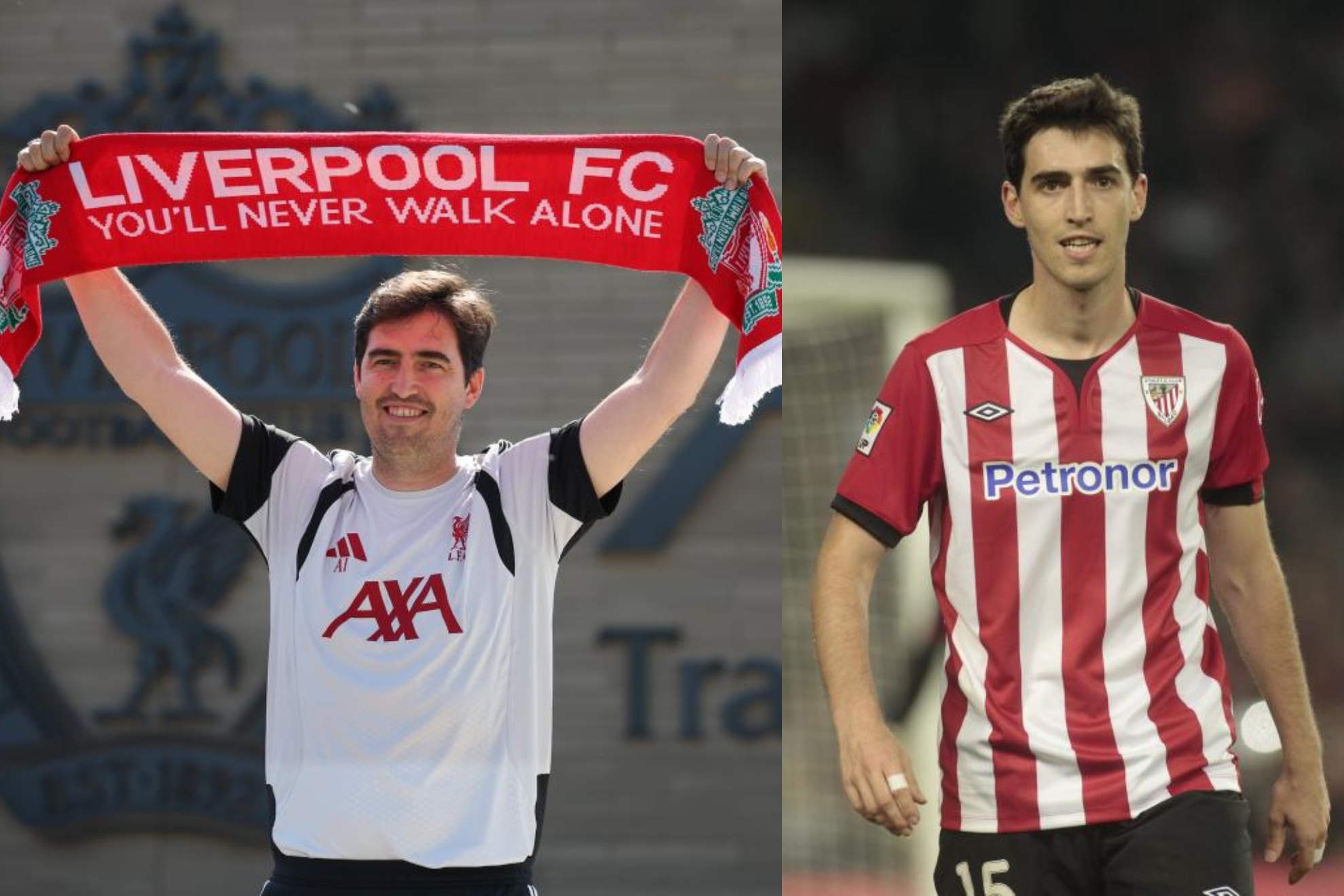 Andoni Iraola. A la izquierda, como entrenador del Liverpool. A la derecha, con el Athletic. LIVERPOOL FC y FRANCESC ADELANTADO/MARCA