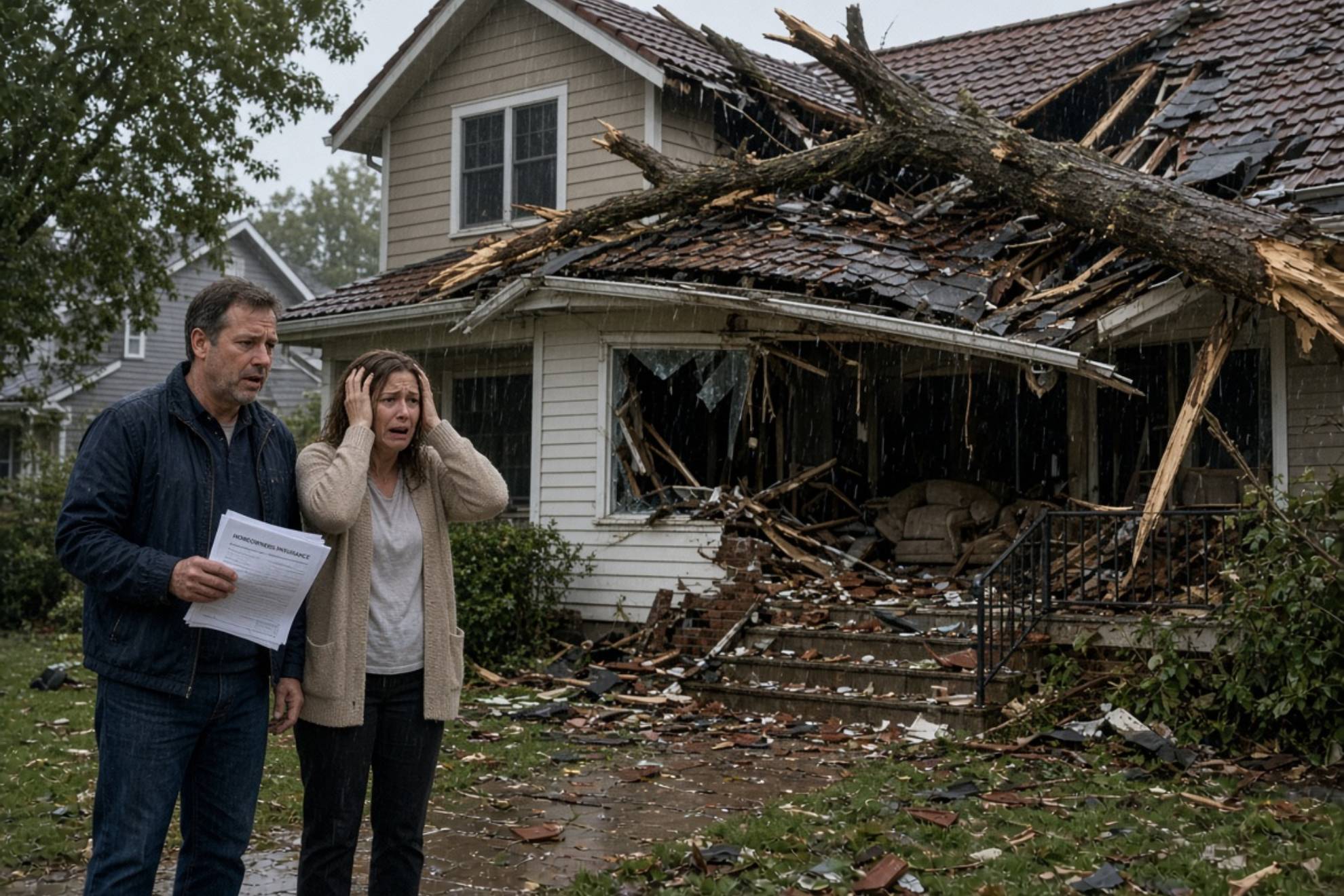 Una pareja delante de un arbol caído sobre su casa. Creada con IA.