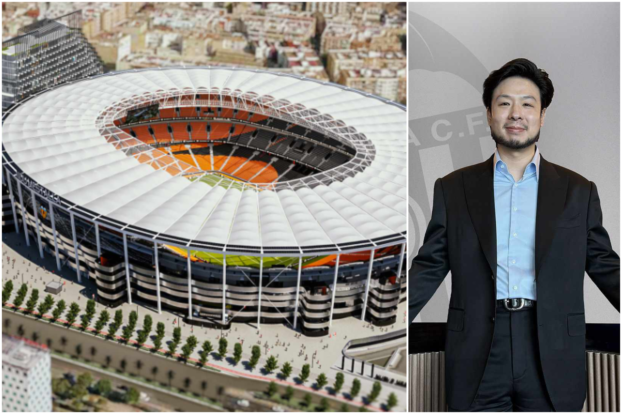 Una imagen del Nou Mestalla junto al presidente del Valencia Kiat Lim.