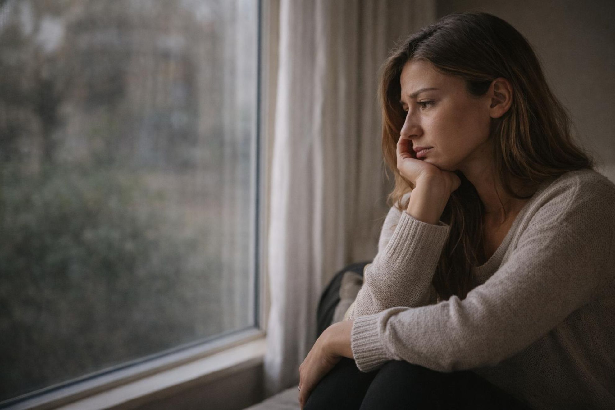 Una persona, reflexionando y mirando por una ventana.
