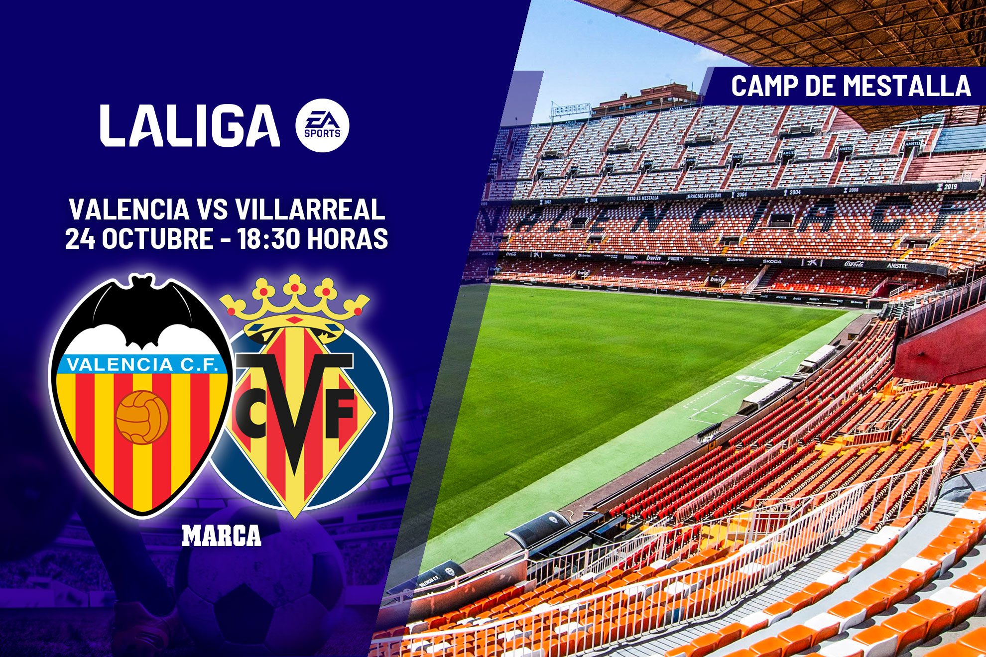 El partido Valencia - Villarreal se juega en Mestalla.