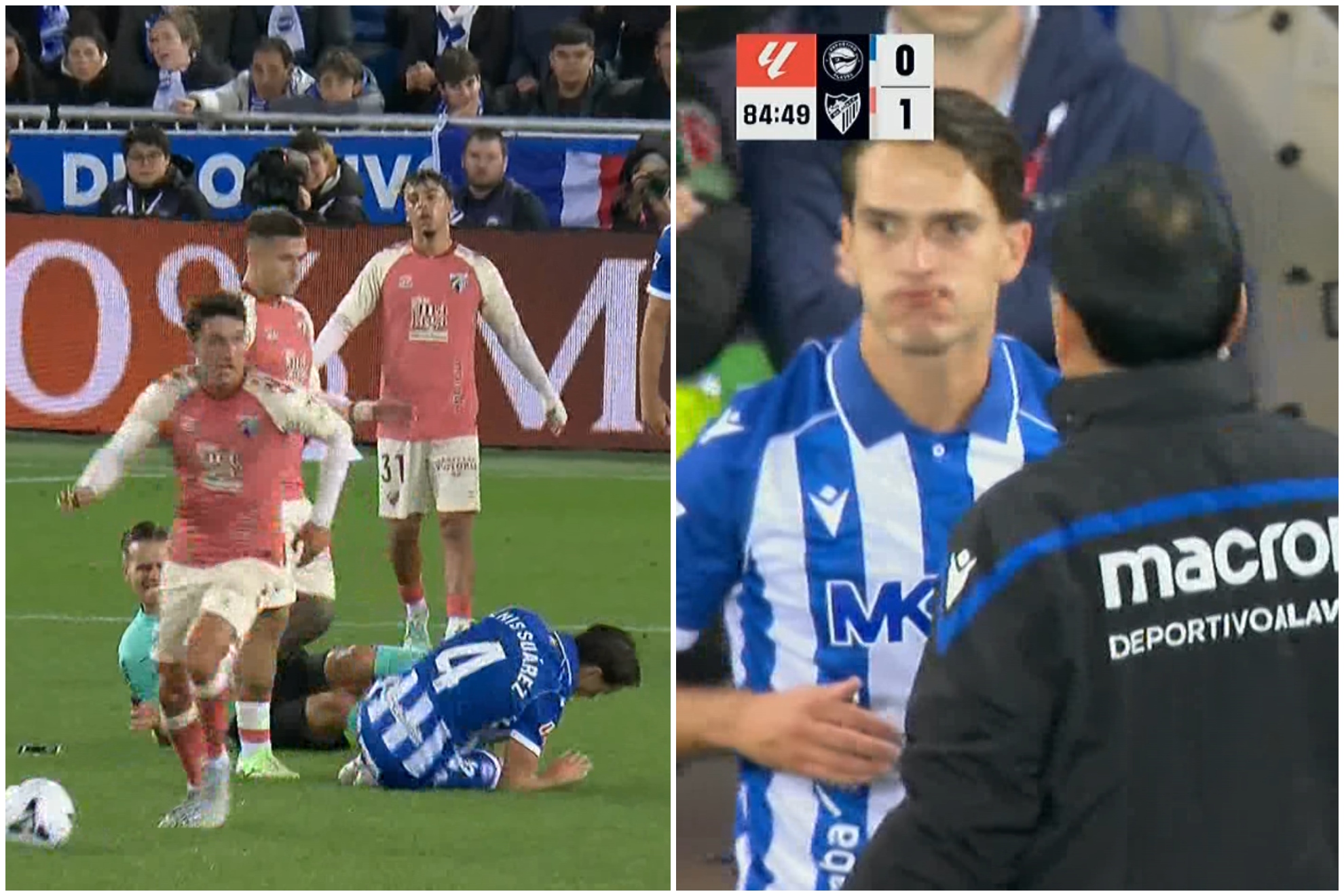 Un montaje con imágenes del choque entre el árbitro y Denis Suárez.