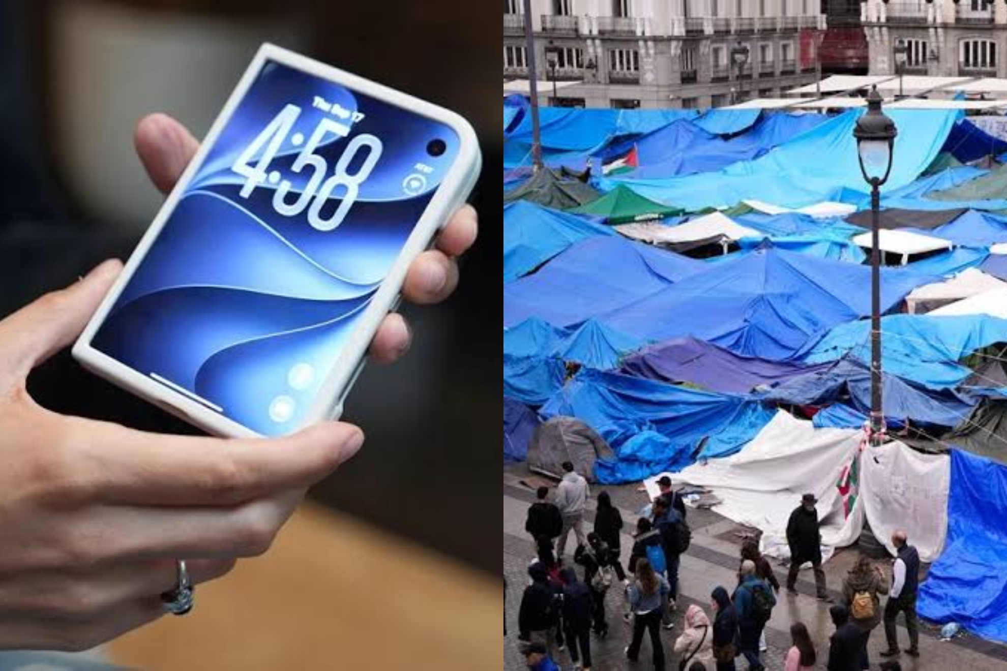 Iphone plegable izquierda, acampada de Sol derecha EFE