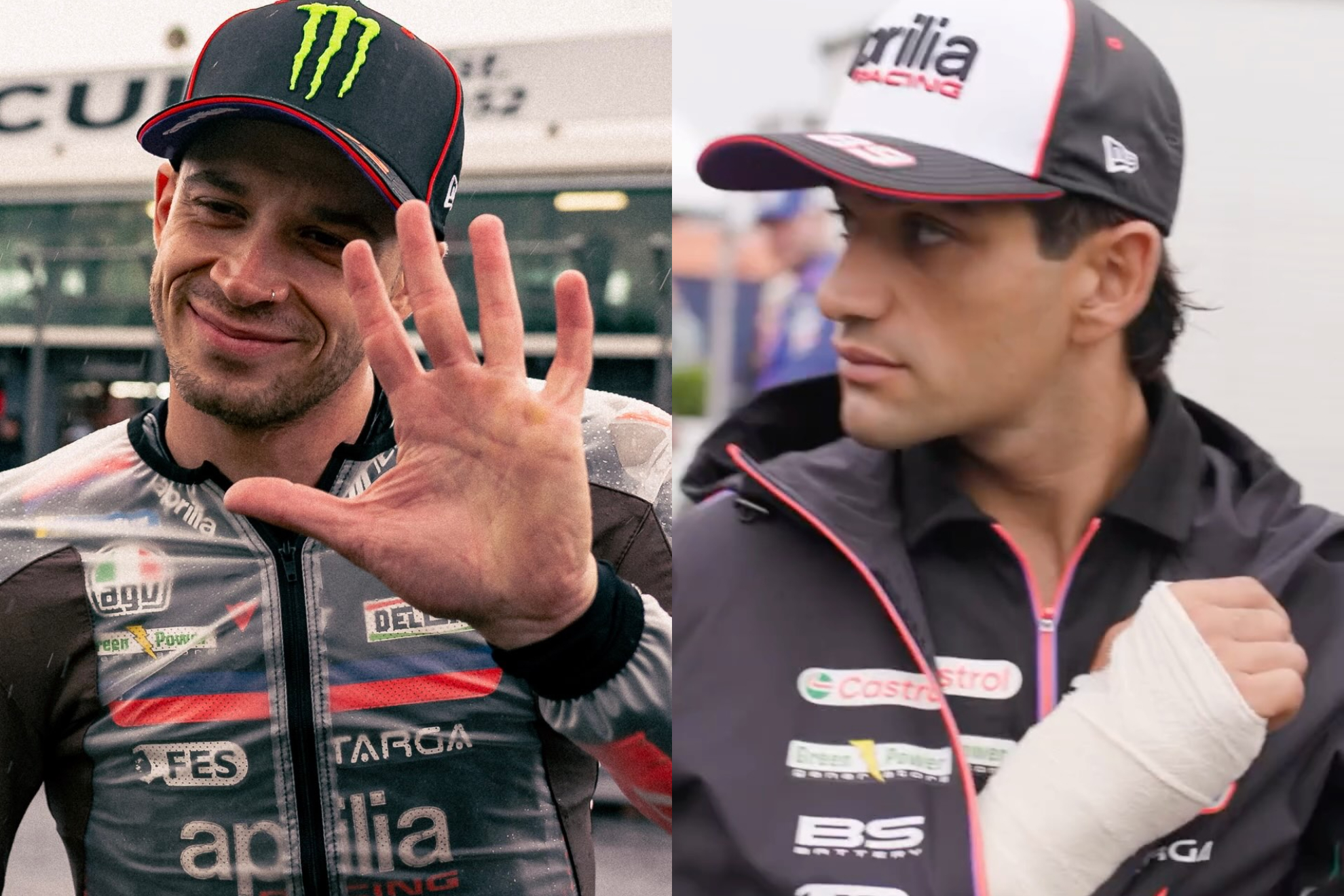 Bezzecchi, resignado por no correr, y Jorge Martín, con el brazo en cabestrillo. APRILIA / MOTOGP