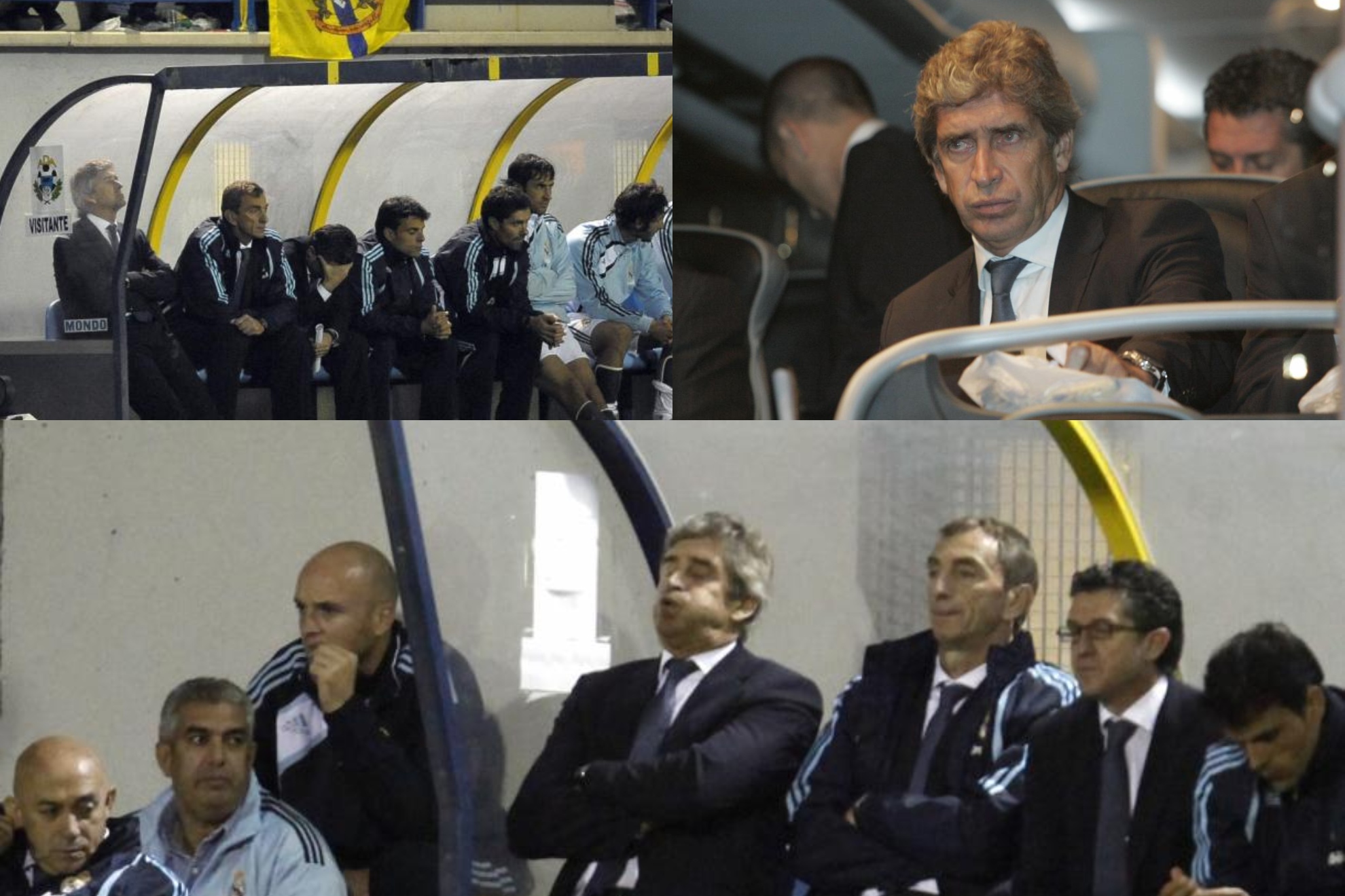 Pellegrini, en el banquillo y autobús. ÁNGEL RIVERO / CHEMA REY