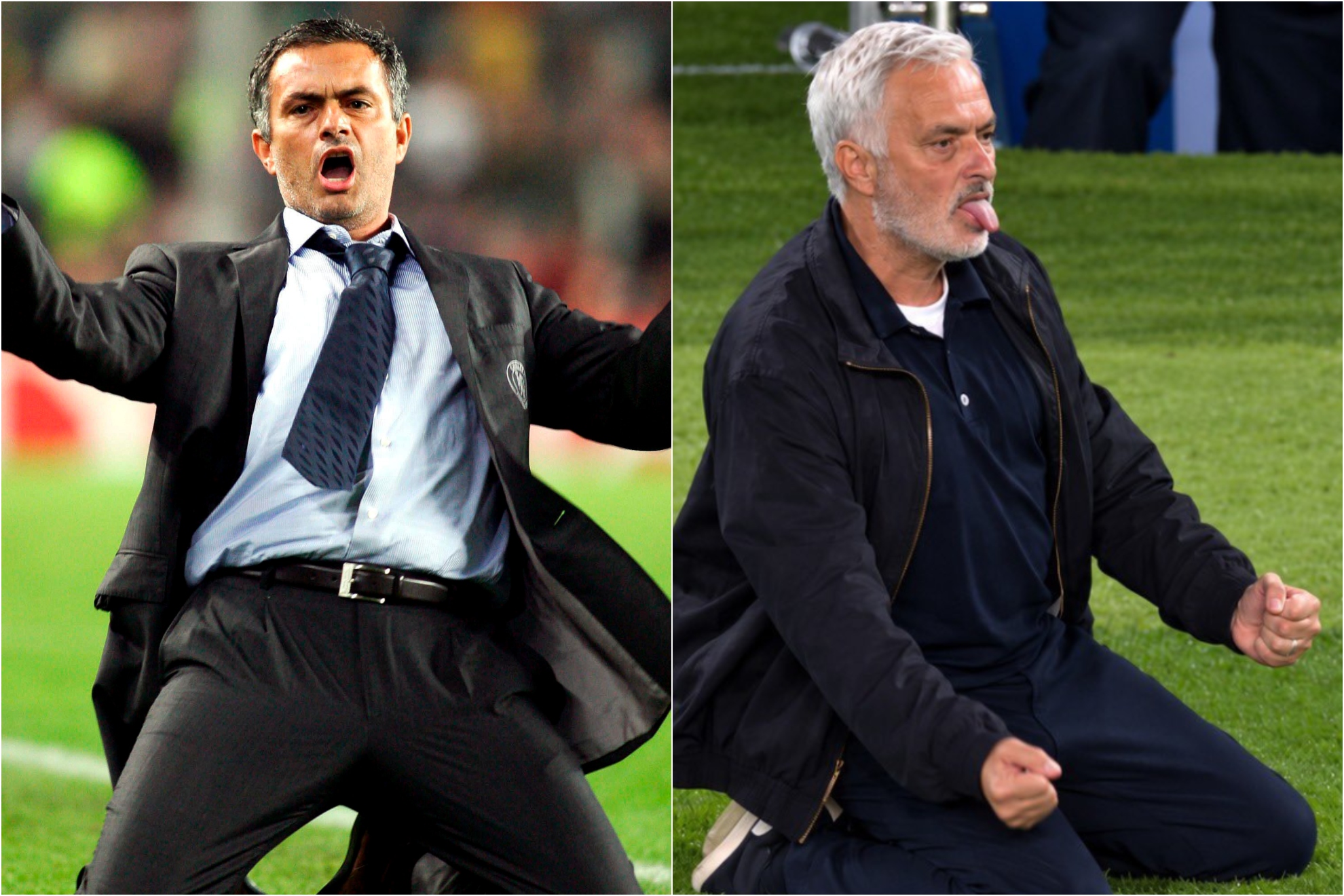 Mourinho, en el Camp Nou en 2006 con el Chelsea, y ayer tras el gol de Mbappé.