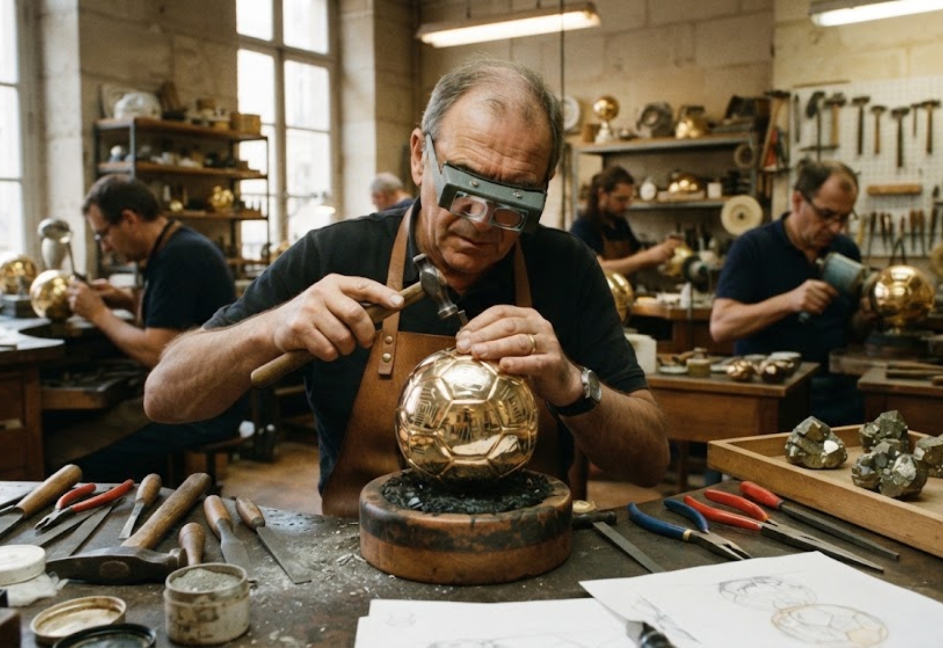 En 1956, Maison Mellerio creó el trofeo del Balón de Oro, la pieza más codiciada del fútbol que cuesta casi cien horas elaborarlo Imagen generada con Inteligencia Artificial (IA)