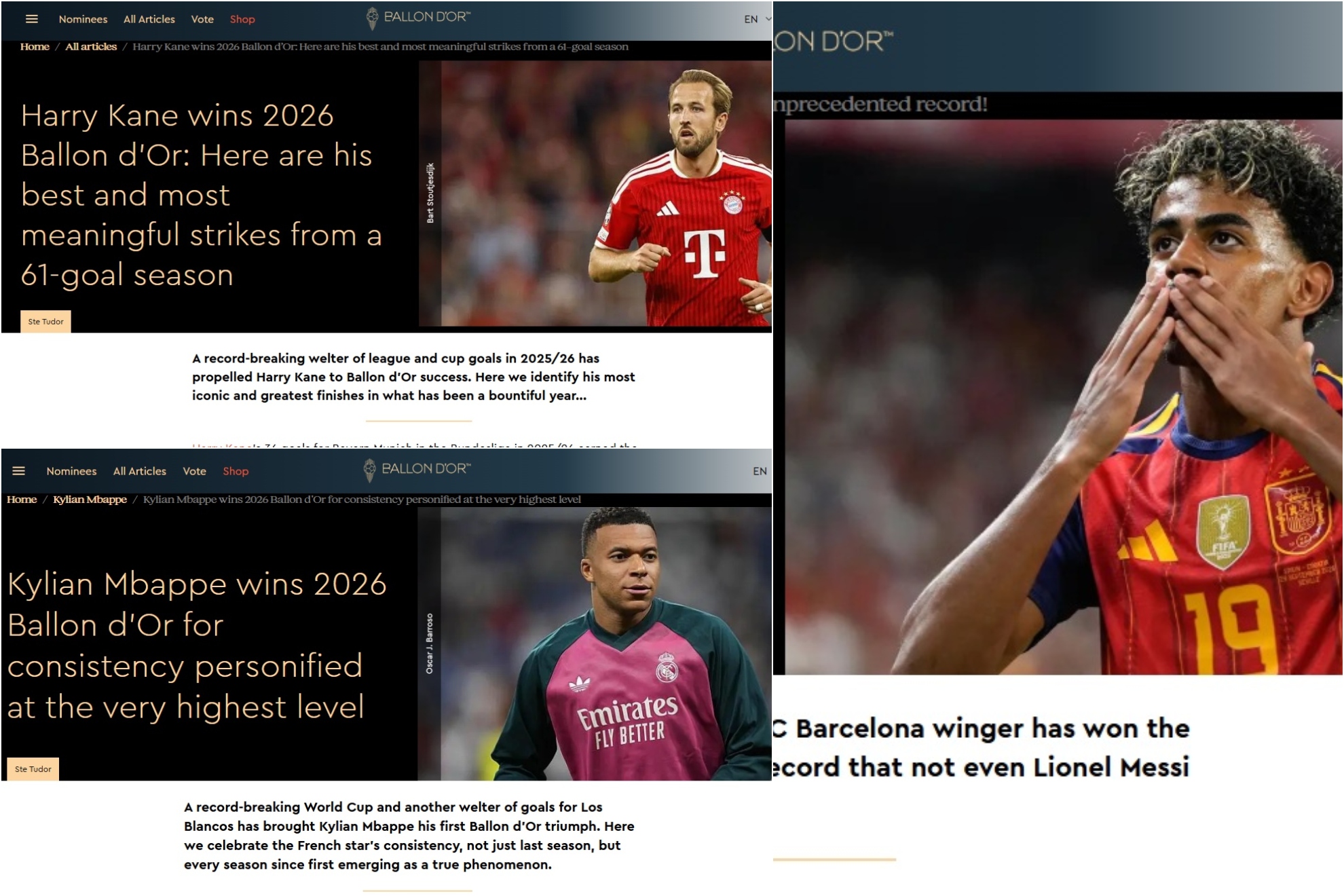 Caos en el Balón de Oro: a la web oficial se le escapan las noticias de Lamine, Mbappé y Kane como ganadores